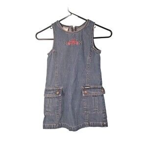 Vintage Oshkosh B Gosh Girls SZ 6 Denim Jumper Dress Blue Embroidered Sleeveless